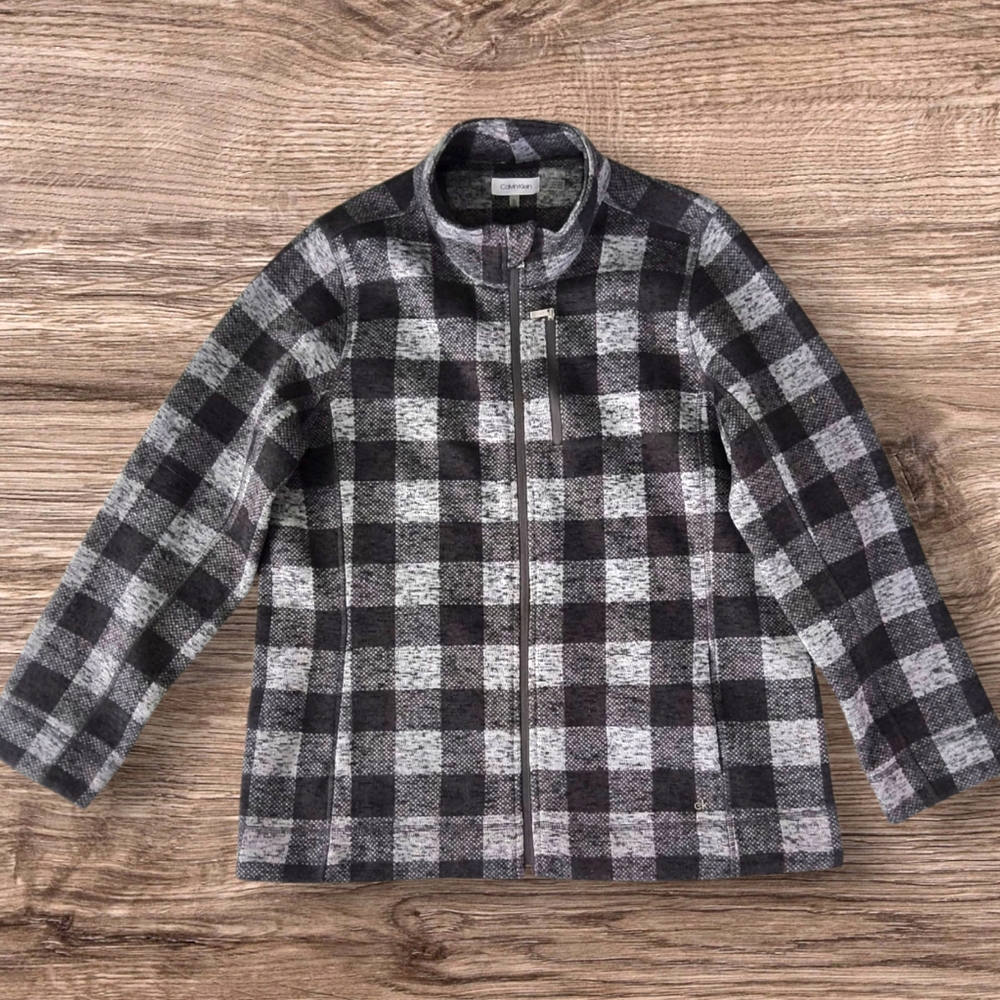 Calvin Klein Women's Grey Checkered Long Sleeve Full Zip Fleece Jacket-Size XL